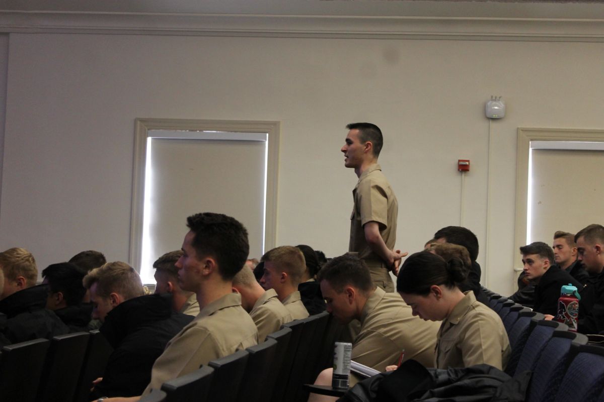 Midshipman asks question during drill period
